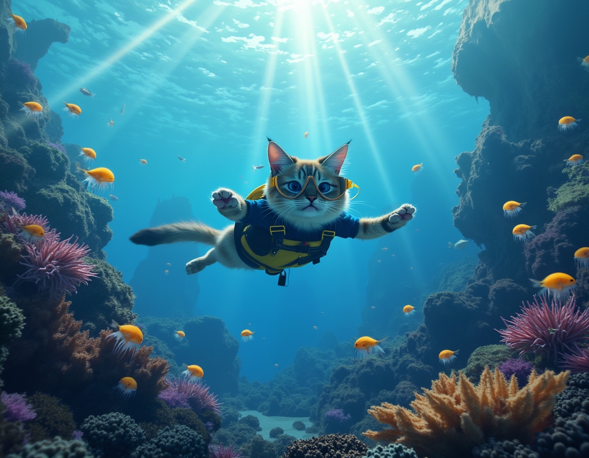 Cat in a wetsuit and diving mask swims through a vibrant underwater scene, surrounded by glowing jellyfish, colorful fish, and coral reefs illuminated by sunlight.